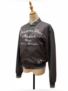 Dior RARE Unisex Gray Varsity Bomber Jacket with Script Logo